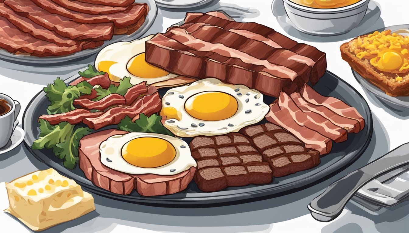 A plate of sizzling spam surrounded by sizzling bacon, eggs, and steak. A carnivore's dream meal