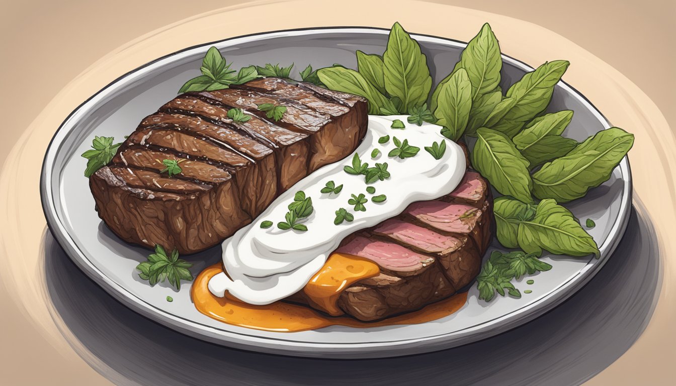 A dollop of sour cream atop a juicy steak, surrounded by a variety of herbs and spices