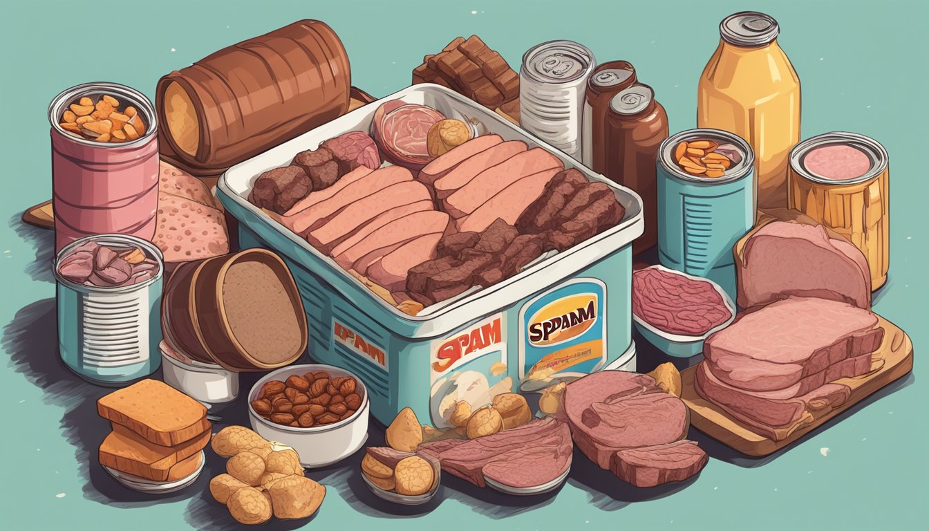 A carnivore diet scene with a can of spam surrounded by various meats and animal products, with a focus on analyzing nutritional aspects