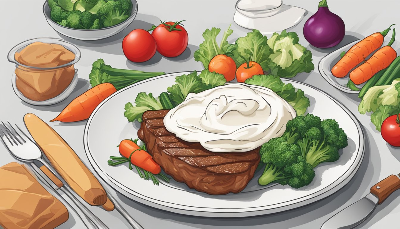 A dollop of sour cream being crossed out with a red "X" on a plate of meat and vegetables