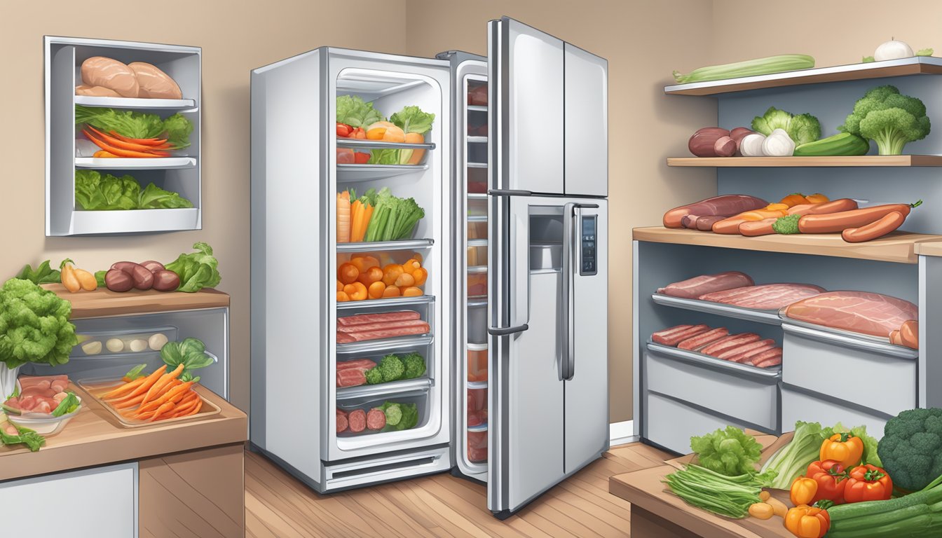 A refrigerator filled with fresh vegetables and meats, including sausages, alongside a shopping list and meal prep containers