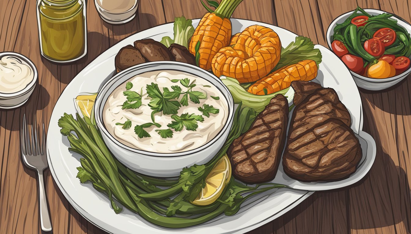 A bowl of sour cream sits next to a plate of grilled meat and vegetables, all arranged on a wooden table