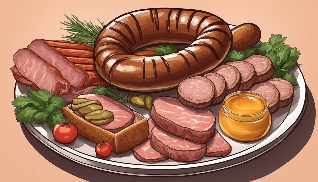 A carnivore's plate with a grilled sausage and a variety of raw meats