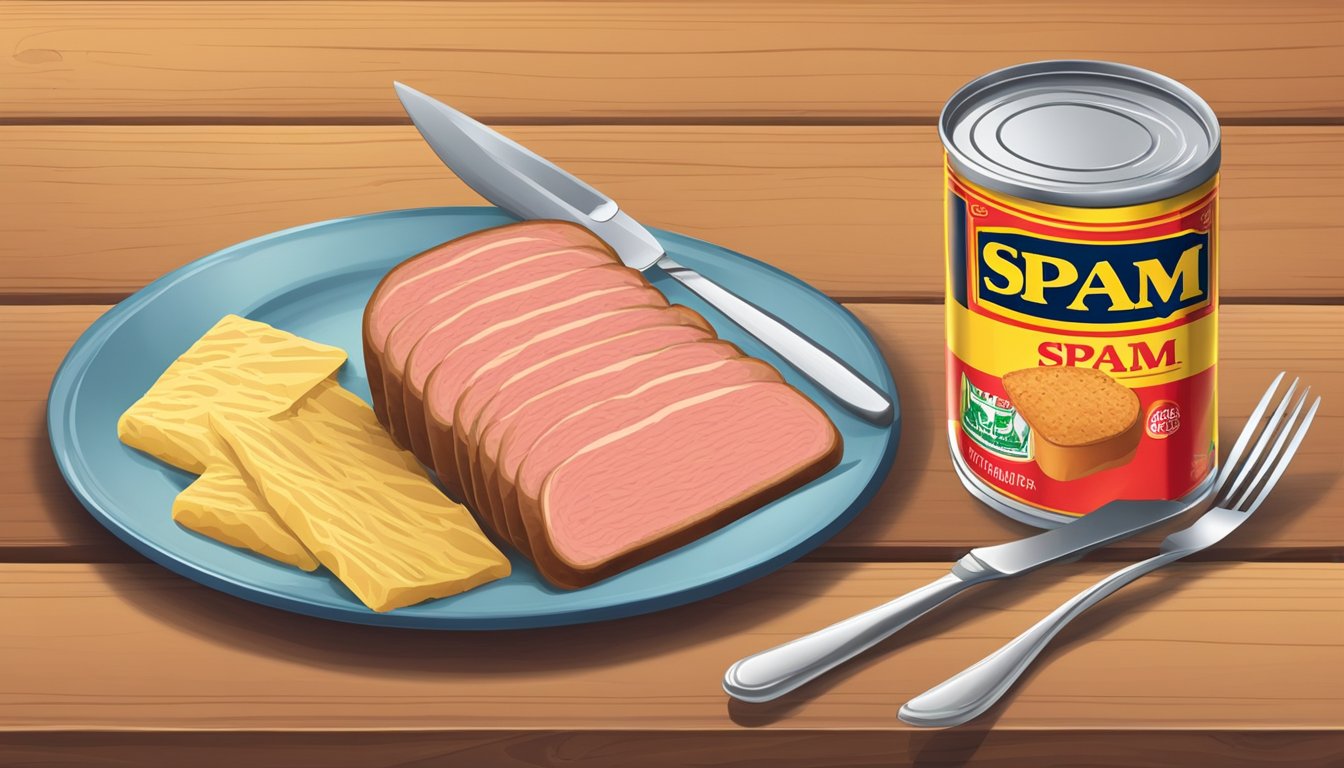 A plate with a can of spam, a knife, and a fork on a wooden table