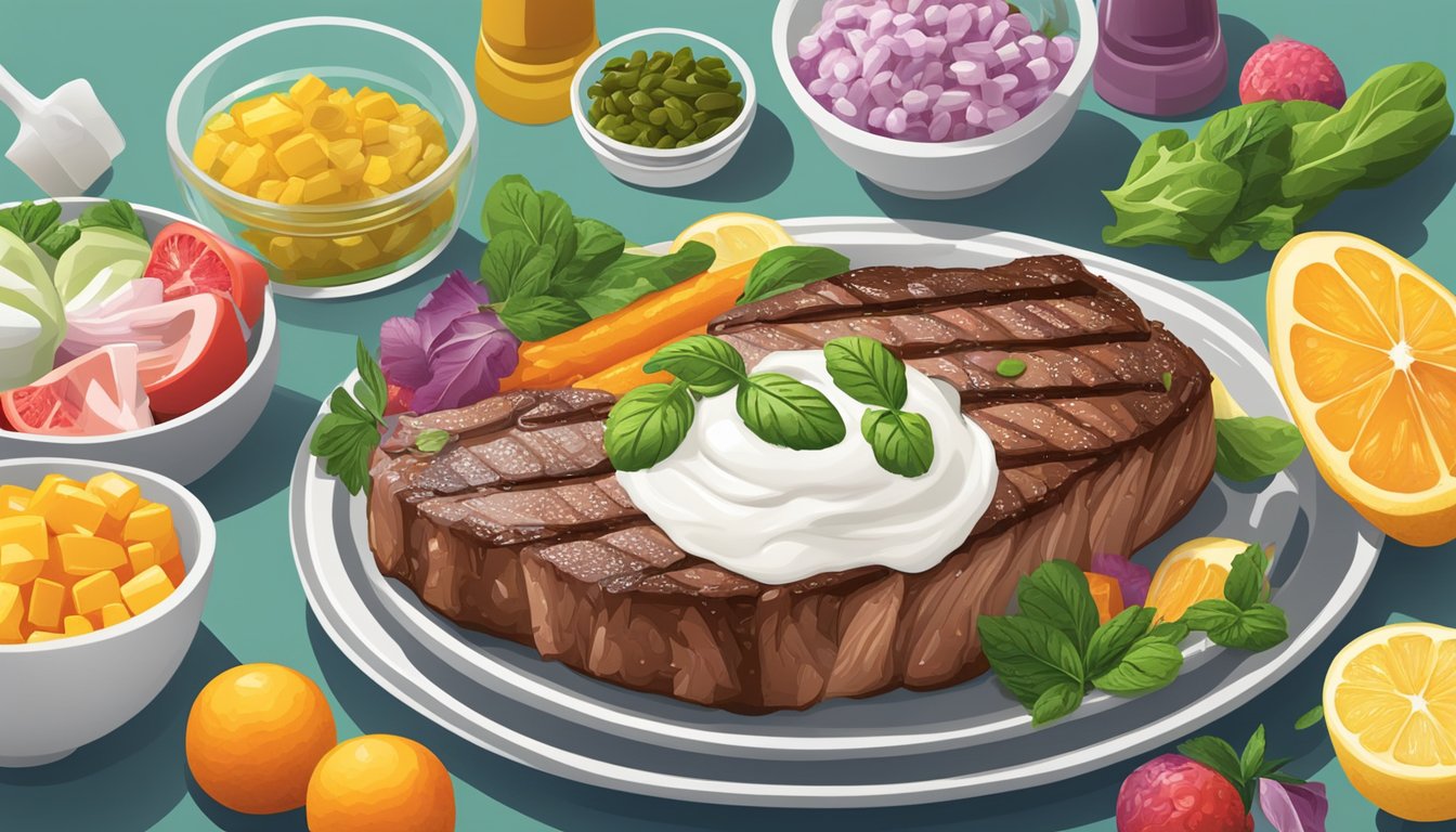 A dollop of sour cream atop a juicy steak, surrounded by a variety of nutrient-rich supplements and vitamins