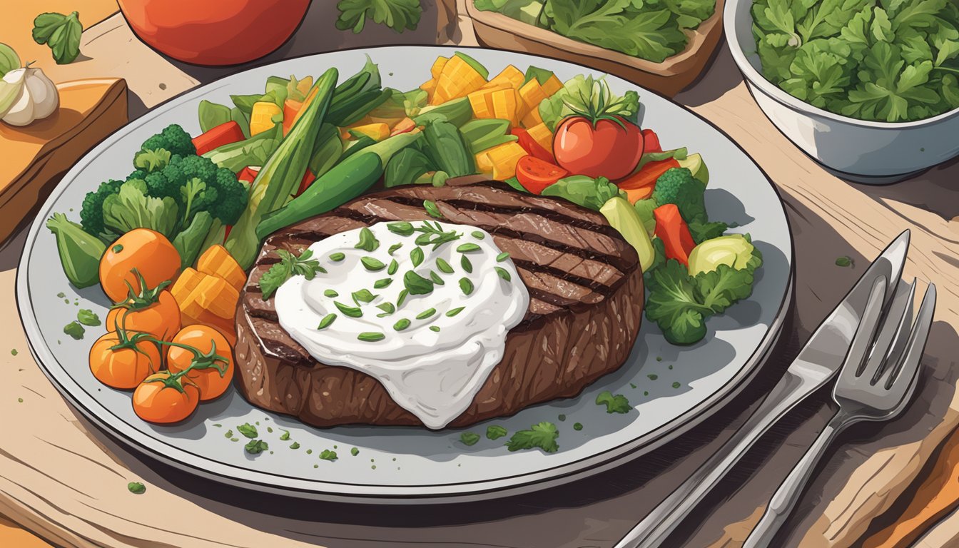 A dollop of sour cream sits atop a sizzling steak, surrounded by a colorful array of vegetables and herbs