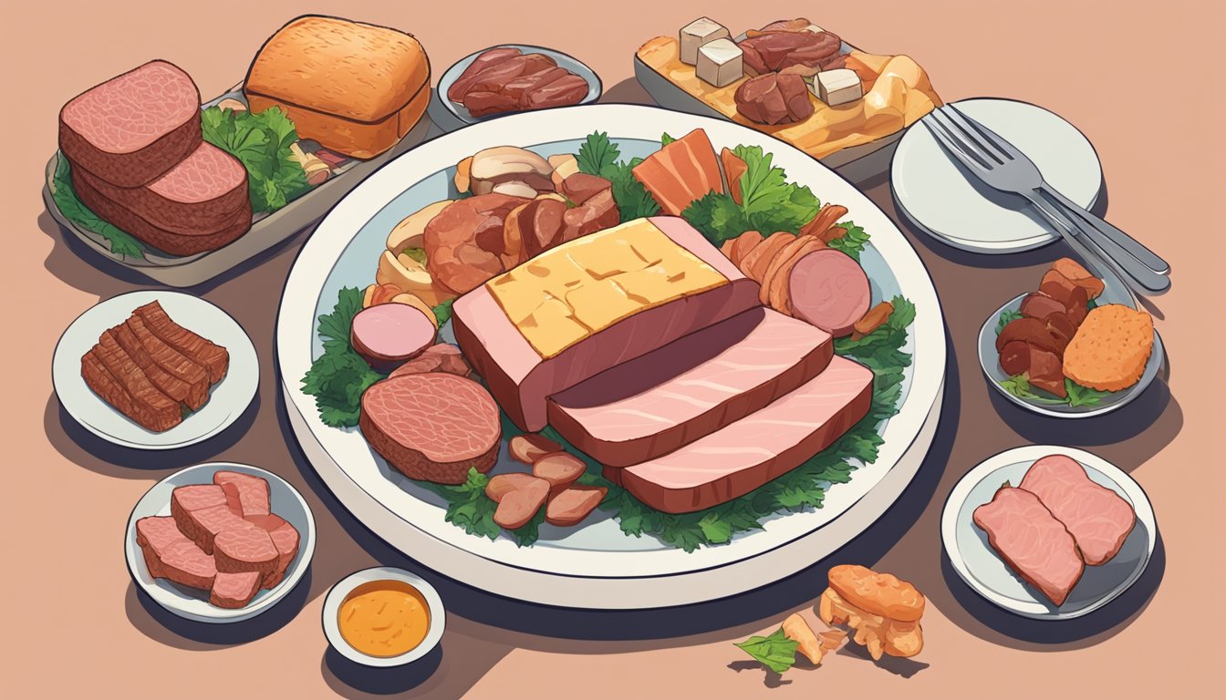 A plate with a piece of cooked spam surrounded by various meats and animal products, with a question mark hovering above it