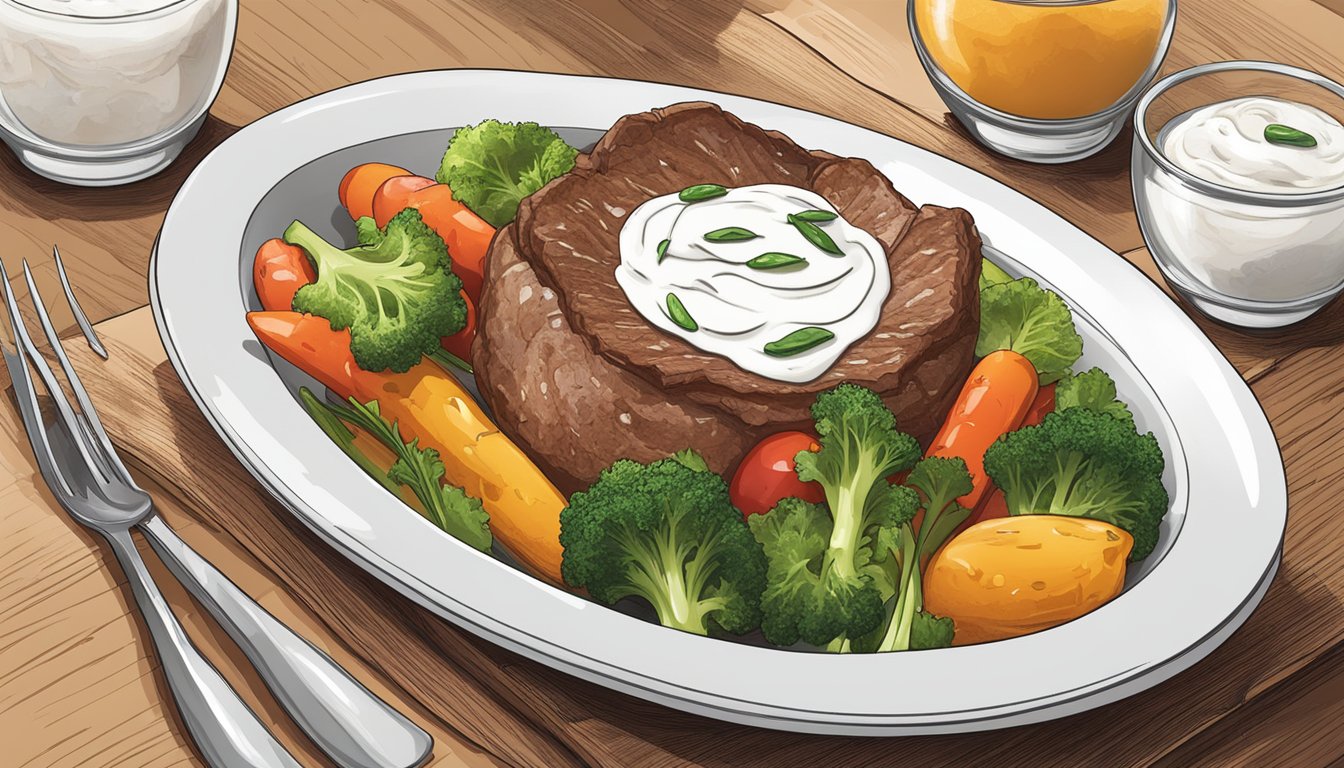 A bowl of meat and vegetables with a dollop of sour cream on top