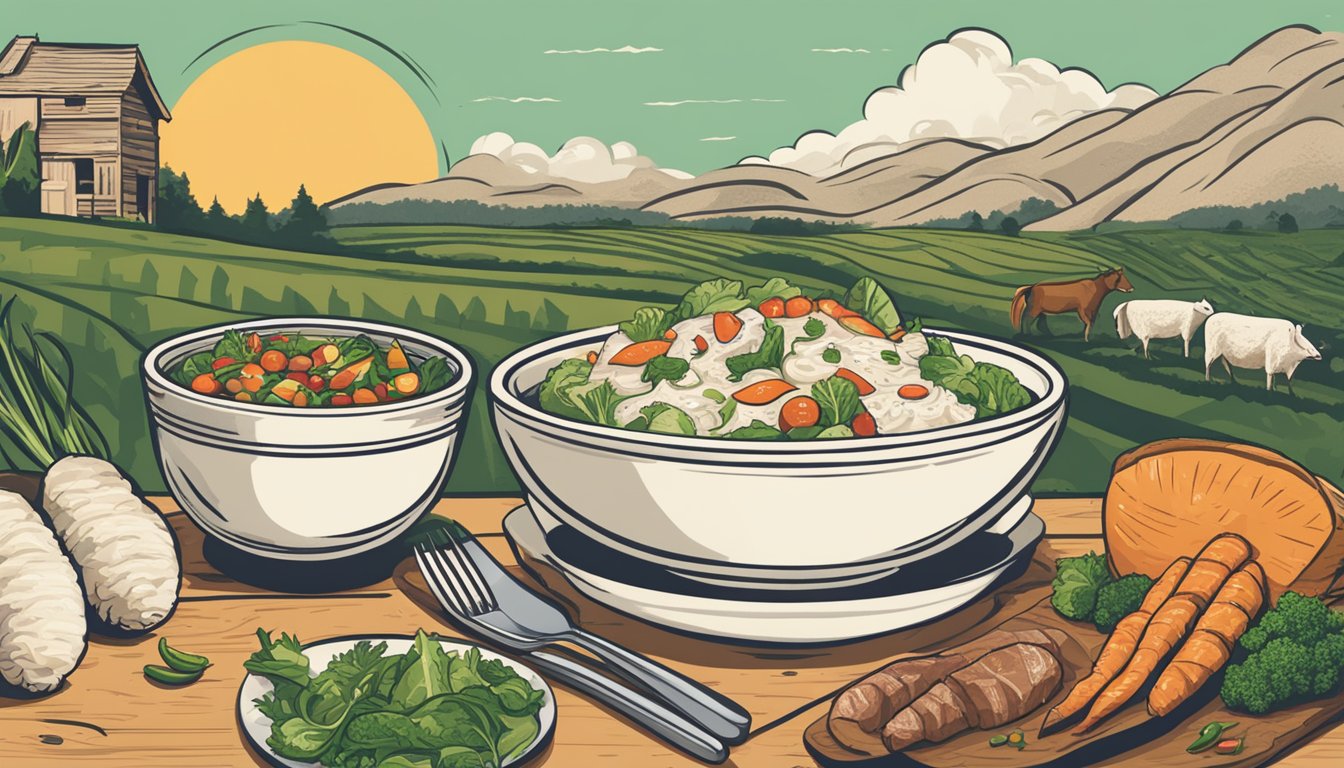 A bowl of sour cream sits next to a plate of meat and vegetables, surrounded by images of eco-friendly symbols and ethical farming practices