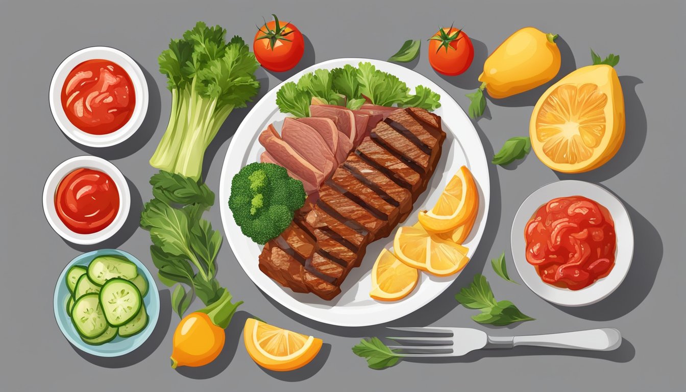 A plate of grilled meat with a side of ketchup, surrounded by various vegetables and fruits