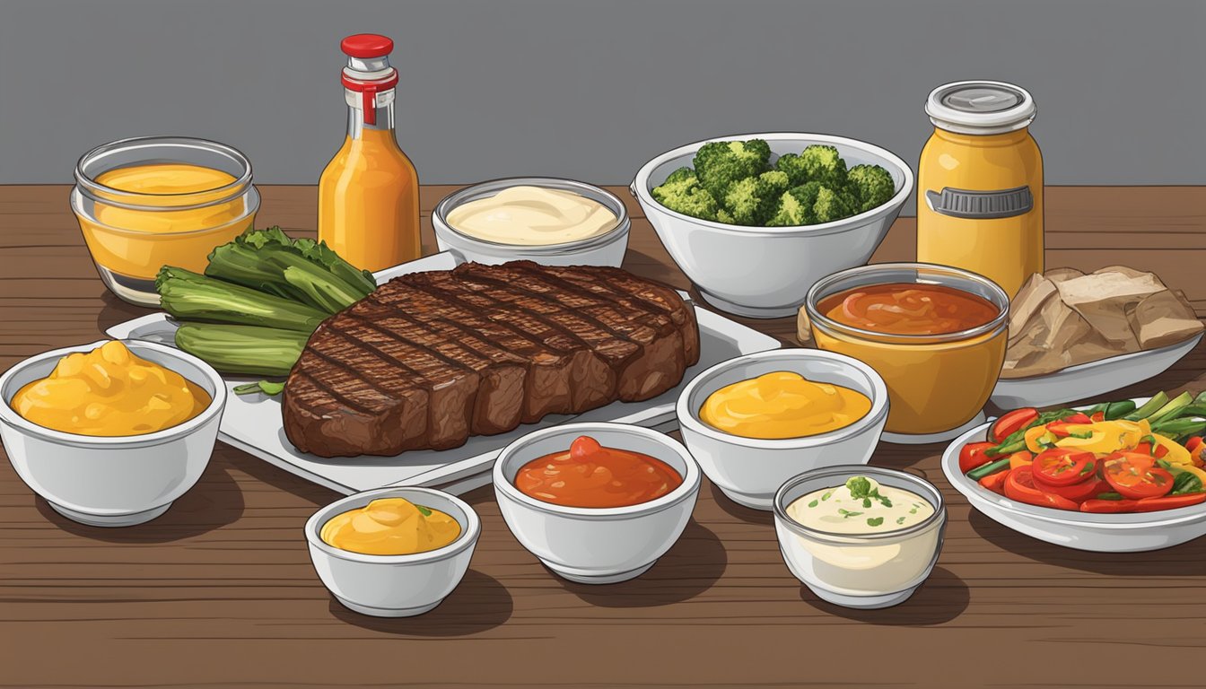 A table set with a variety of condiments, including mustard, hot sauce, and mayonnaise, next to a grilled steak and a pile of fresh vegetables