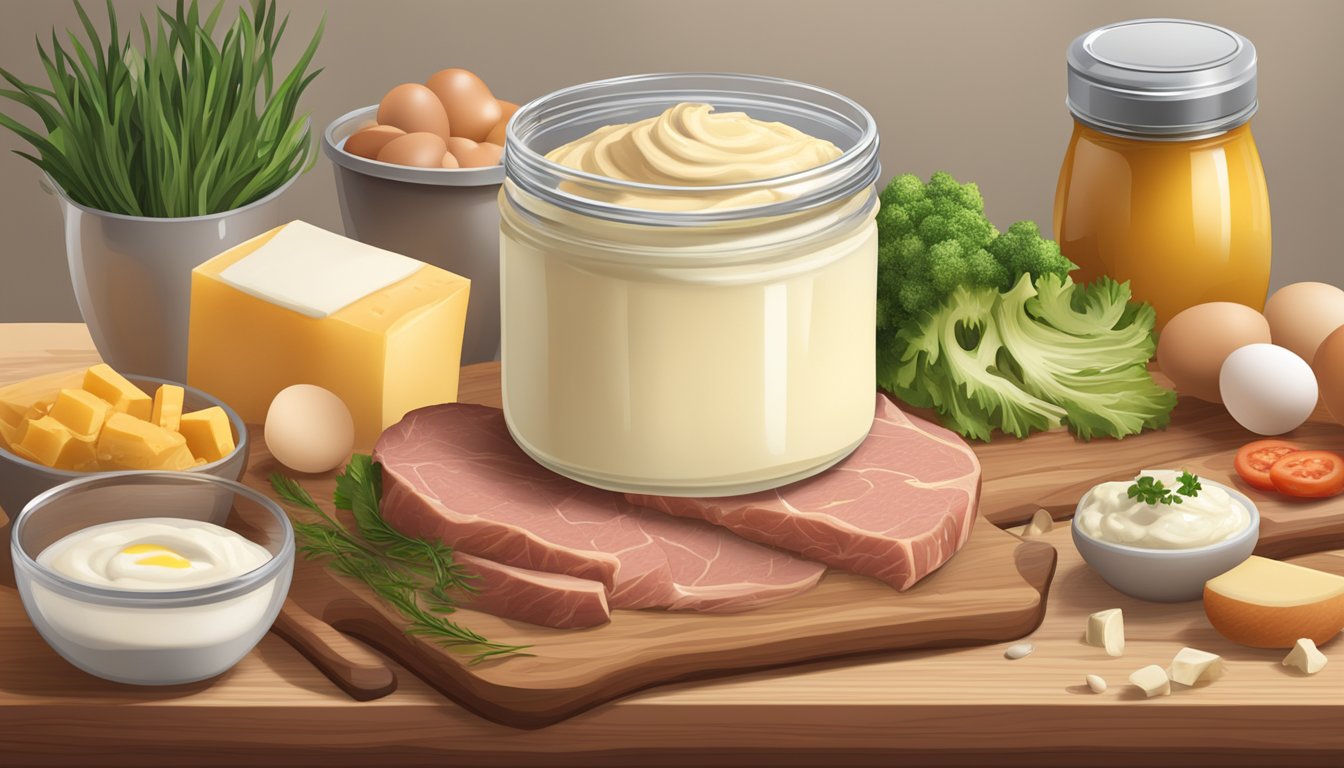 A jar of mayonnaise surrounded by various carnivore diet-approved ingredients such as meat, eggs, and cheese on a wooden cutting board