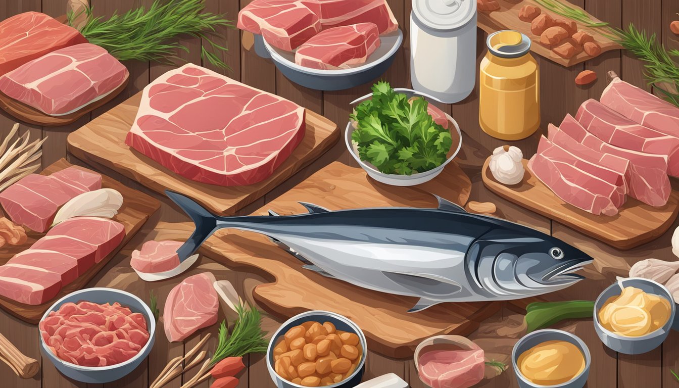 A can of tuna surrounded by various raw meat, bones, and animal products on a wooden cutting board