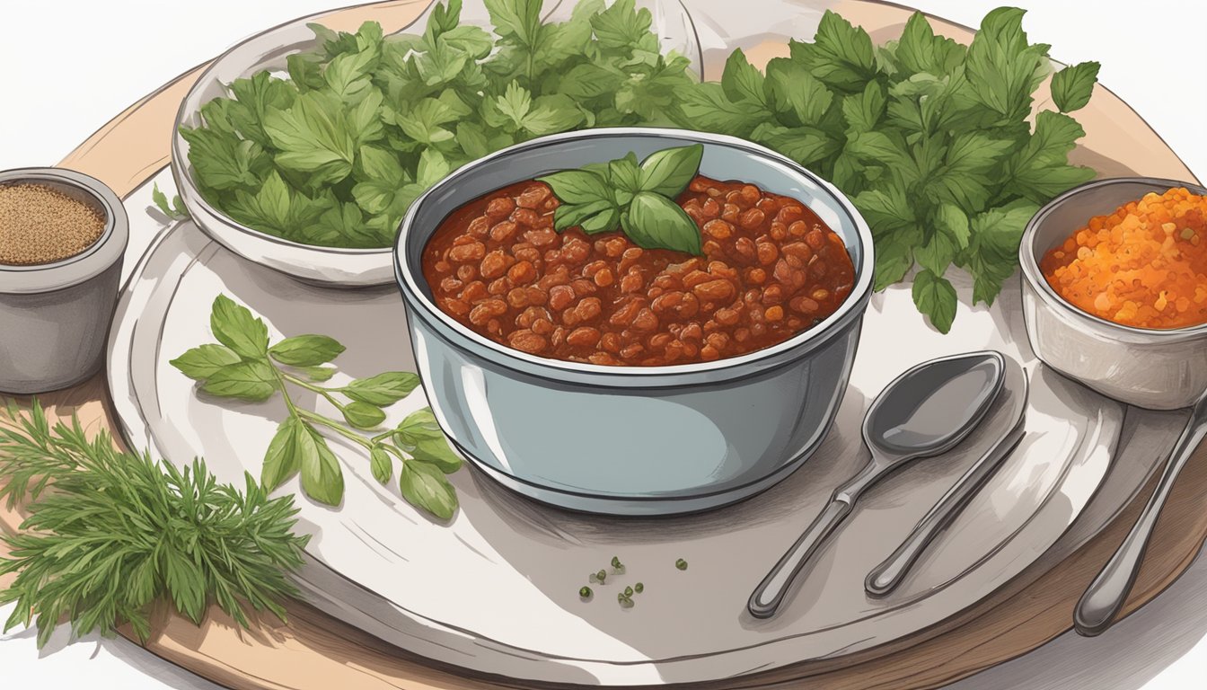 A bowl of meat sauce sits on a plate surrounded by fresh herbs and spices, with a clear label indicating the absence of additives and preservatives