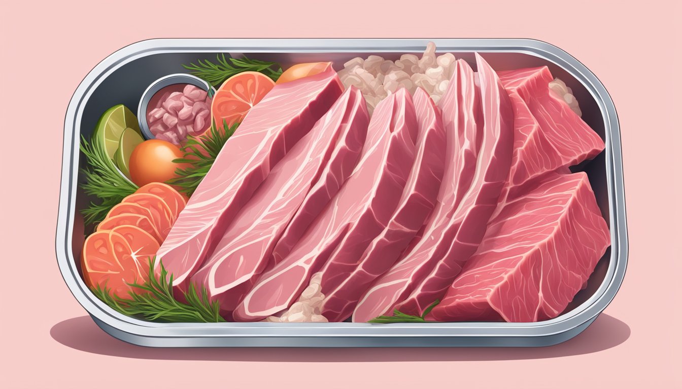 A can of tuna surrounded by raw meat and bones on a carnivore diet