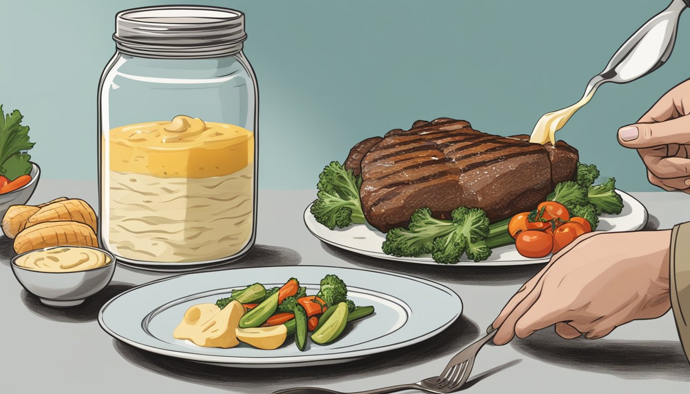 A jar of mayonnaise next to a plate of grilled meat and vegetables, with a person reaching for the jar