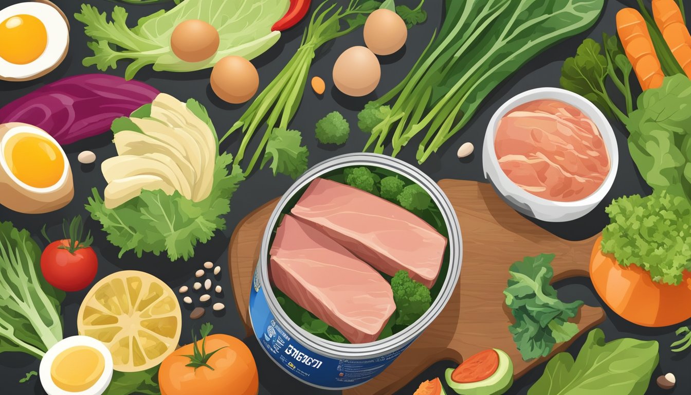 A can of tuna surrounded by various complementary foods and nutrients, such as leafy greens, eggs, and colorful vegetables, on a carnivore diet