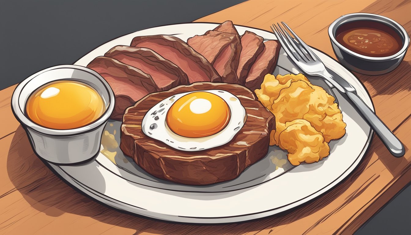 A plate of meat and eggs with a small dish of vinegar on the side