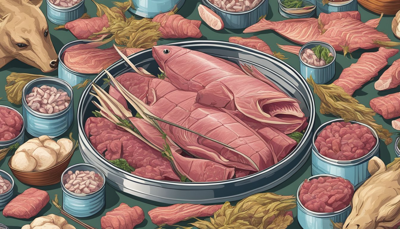 A can of tuna surrounded by raw meat and bones, with a carnivorous animal eagerly approaching to eat