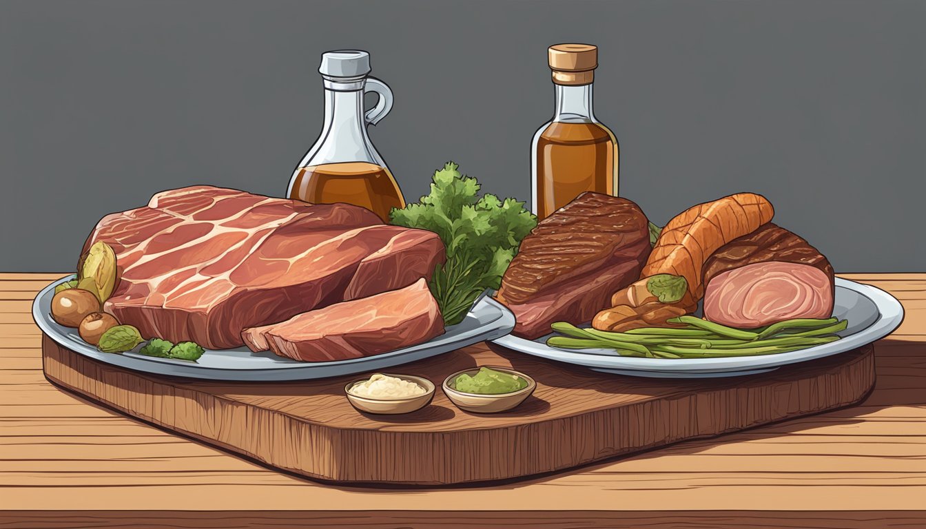 A carnivore diet with various meats and a bottle of vinegar on a wooden table