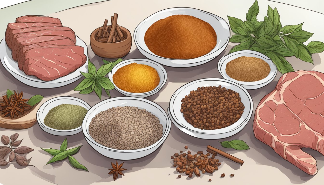 Various spices and herbs labeled "Seasonings to Avoid" next to a plate of raw meat