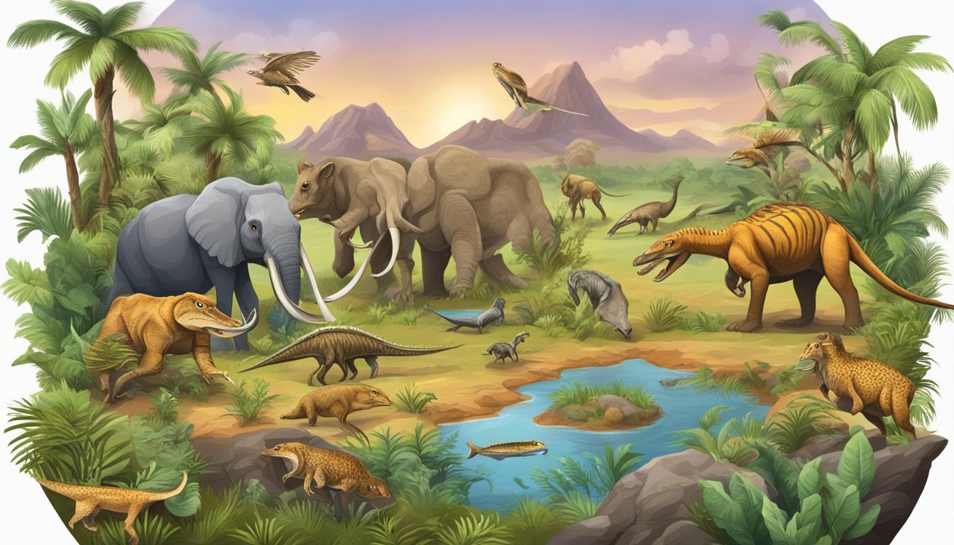 A prehistoric landscape with various carnivorous animals hunting and feeding on their prey