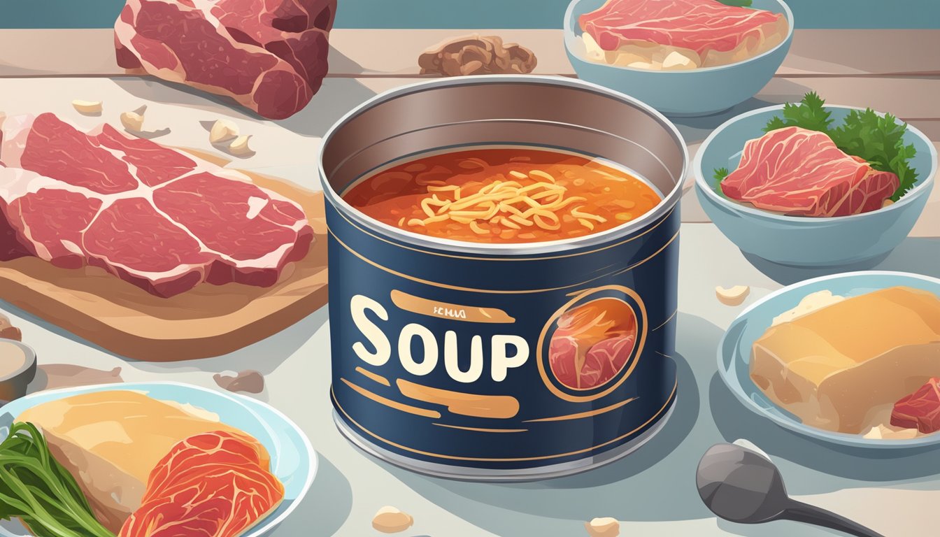 A can of soup surrounded by raw meat and bones, with a carnivorous animal in the background