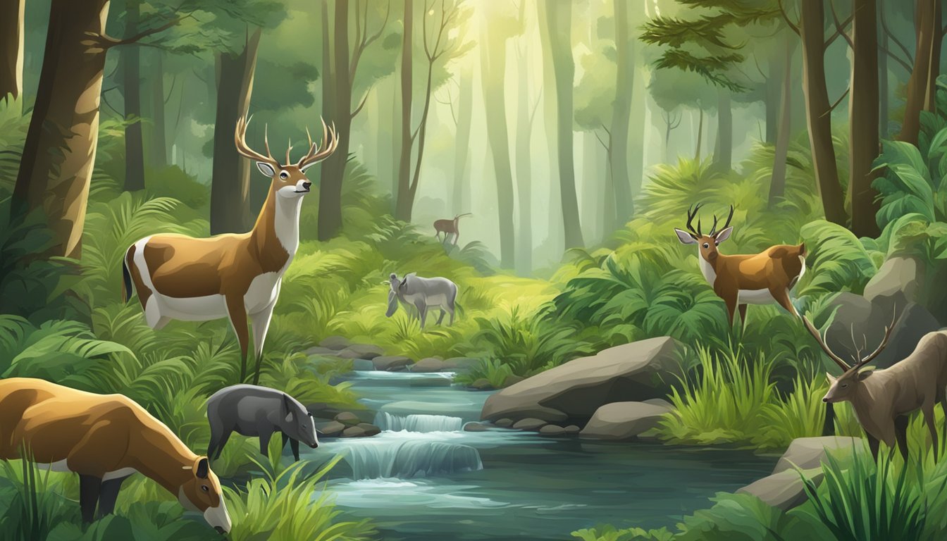 A lush forest with a clear stream and an abundance of prey animals