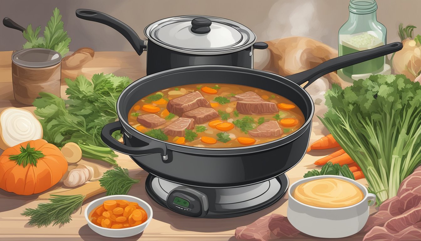 A pot of hearty meat-based soup simmers on a stovetop, surrounded by fresh vegetables and herbs. A can of carnivore-friendly soup sits nearby