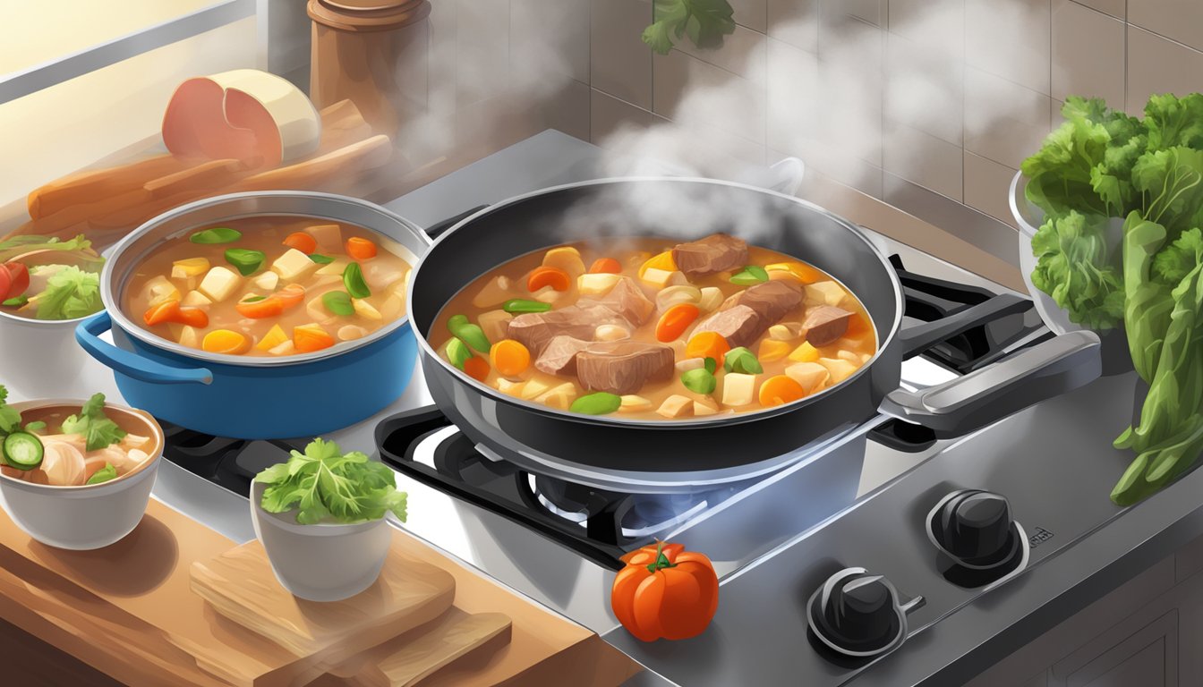 A pot of canned soup simmering on a stove, with chunks of meat and vegetables visible, steam rising from the surface