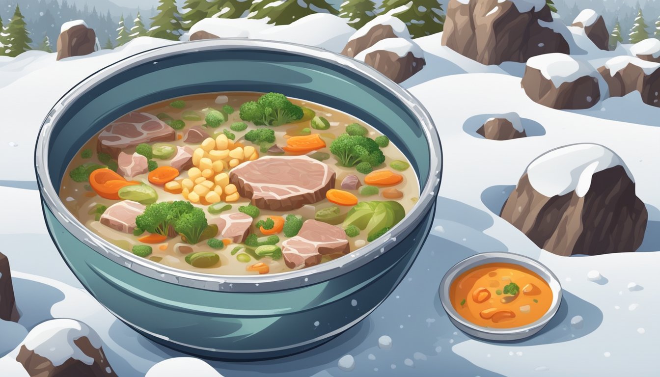 A bowl of canned soup with chunks of meat and vegetables, surrounded by carnivorous animal footprints in the snow