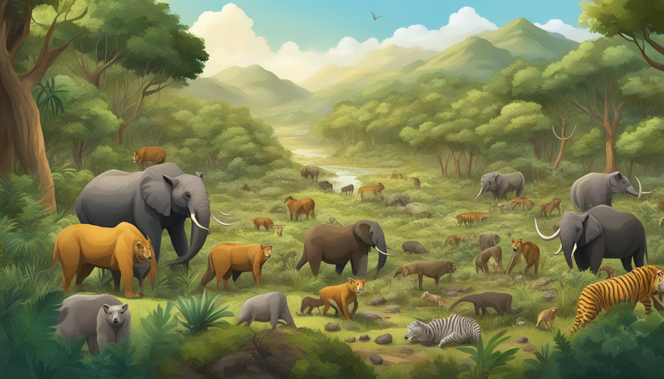 A bustling community of carnivores gather around a central resource, surrounded by lush vegetation and diverse wildlife