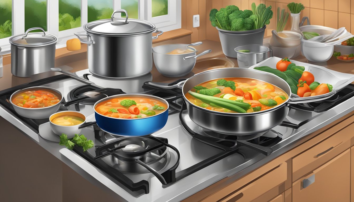 A kitchen counter with open Carnivore Soups cans, fresh vegetables, and a pot on the stove