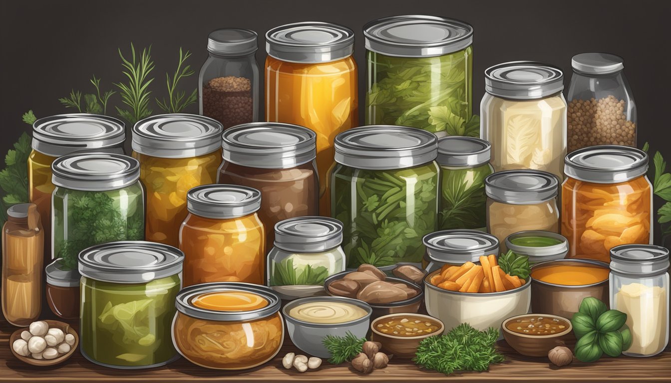 A variety of canned soups, including beef, chicken, and bone broth, arranged on a rustic wooden table surrounded by fresh herbs and spices