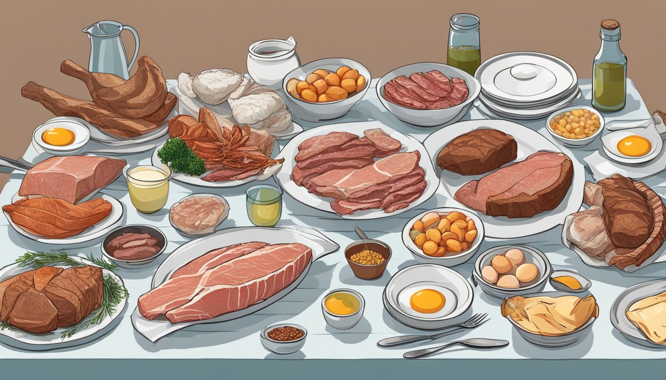 A table filled with various types of meat, fish, and eggs, surrounded by empty plates and cutlery