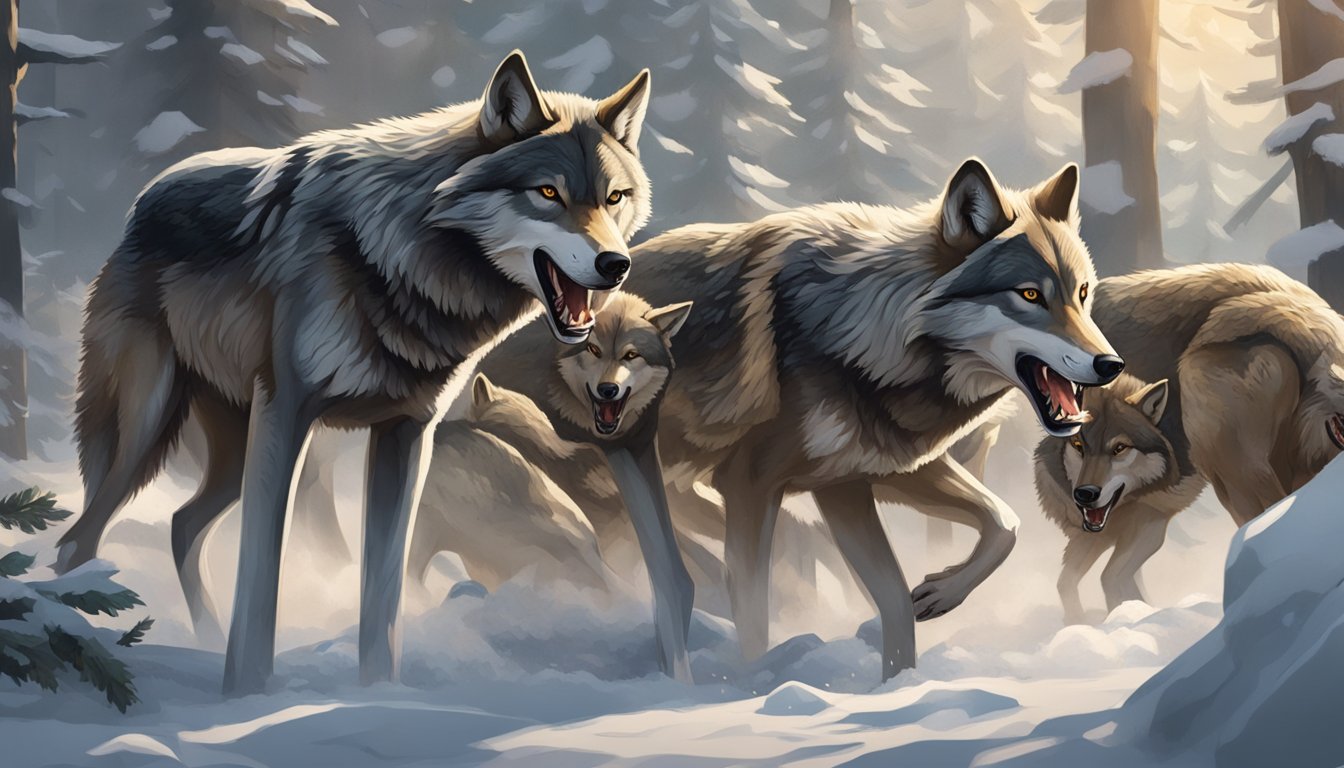 A pack of wolves tearing into a freshly caught deer, their sharp teeth and focused expressions showcasing the primal nature of the carnivore diet