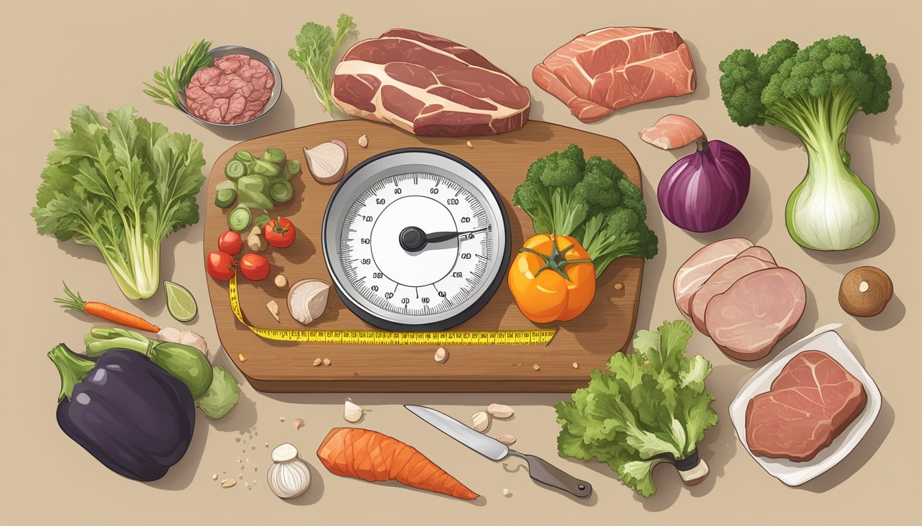 A scale with a tape measure wrapped around it, surrounded by various types of meat and vegetables, with a chart showing progress over two weeks