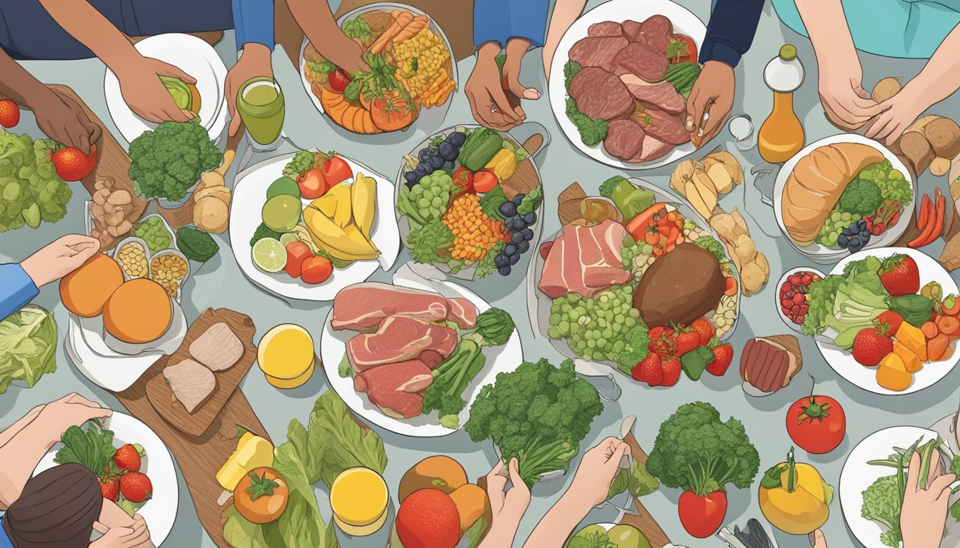 A person surrounded by various food items, with a mix of fruits, vegetables, and meat on a table, while a group of people engage in a heated discussion about the potential risks and criticisms of the carnivore diet