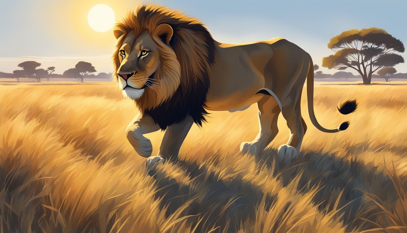 A lion prowls through a savanna, its muscles tense as it stalks its prey. The sun beats down on the dry grass, casting long shadows across the landscape