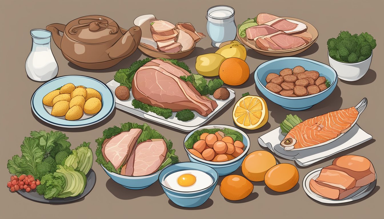 A table with a variety of meats, fish, and eggs surrounded by empty vegetable and fruit bowls, with a scale showing weight loss