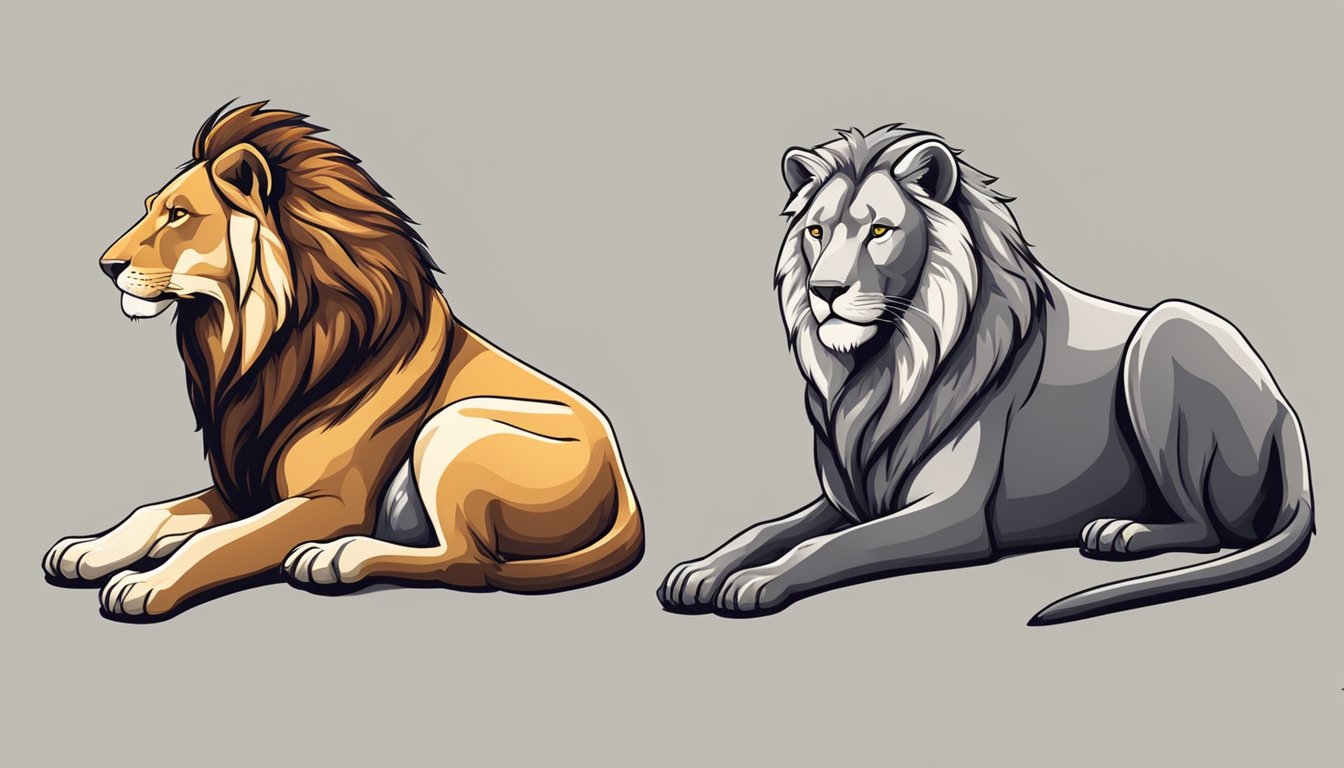 Two animals, one a lion and the other a wolf, sit side by side, each with a different diet of meat and bones