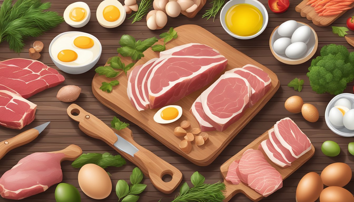 A variety of raw meat, fish, eggs, and animal-based fats arranged on a wooden cutting board