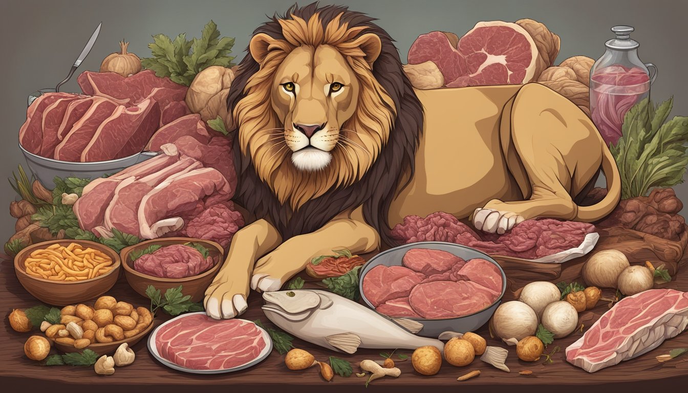 A lion surrounded by raw meat, bones, and organs, with a look of contentment as it feasts on its carnivorous diet