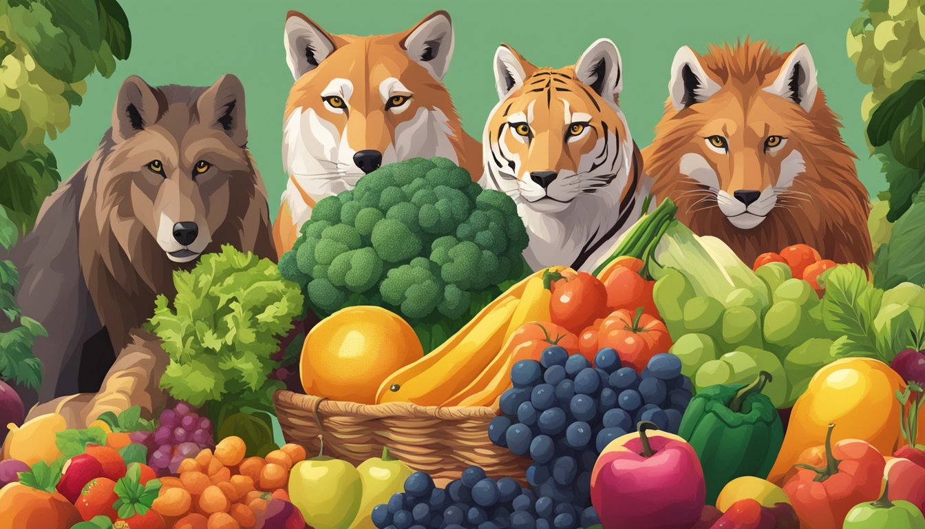 A pack of wild carnivores confront a pile of fresh, colorful fruits and vegetables, looking both intrigued and perplexed