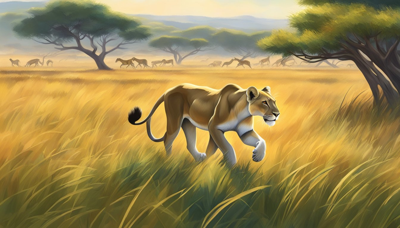 A lioness prowls through a grassy savanna, stalking a herd of gazelle. Nearby, a lush tree bears ripe fruit and vibrant green leaves