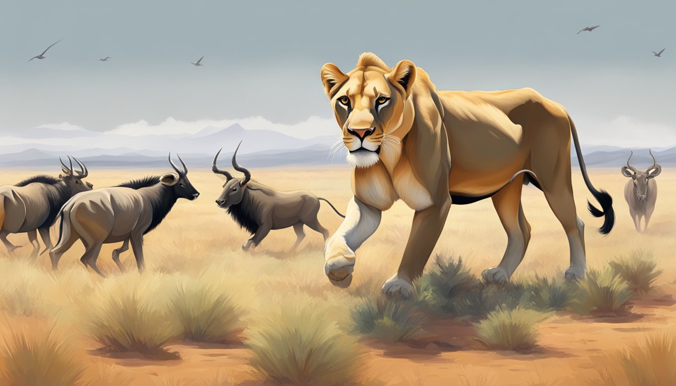 A lioness paces between two prey options: a herd of antelope and a lone wildebeest. She sniffs the air, weighing her options