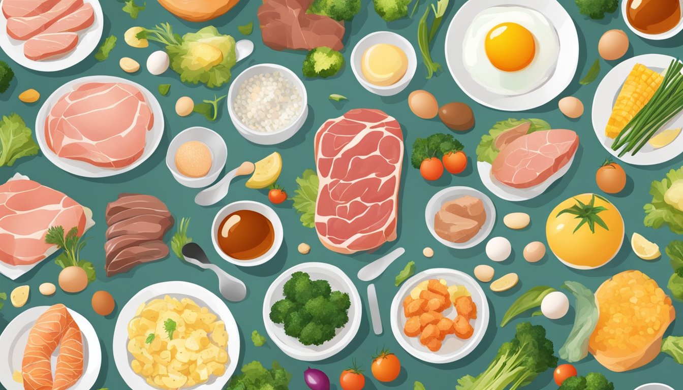 A table with various food items: meat, fish, eggs, and vegetables. A person with clear skin on one side and acne on the other