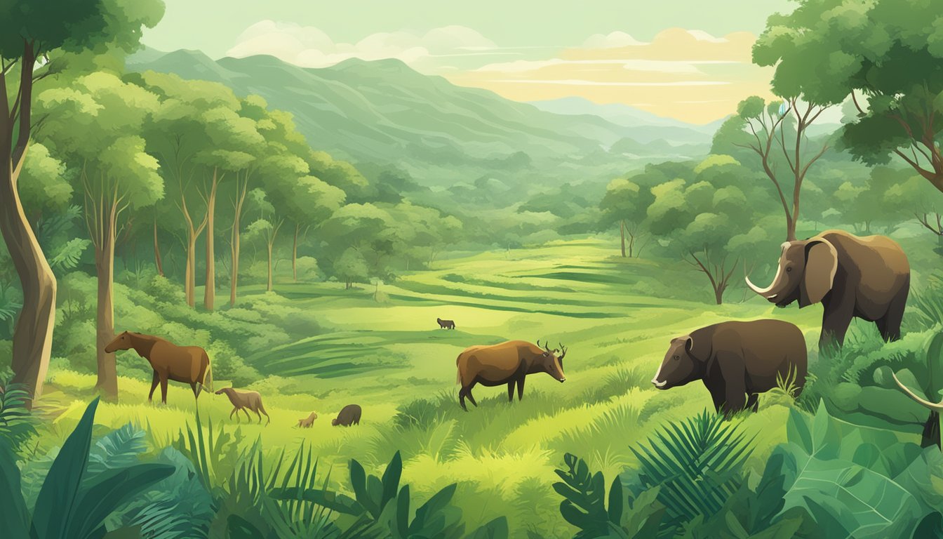 A lush, green landscape with wild animals grazing on a variety of plants, showcasing the long-term considerations and sustainability of a carnivore diet and agriculture