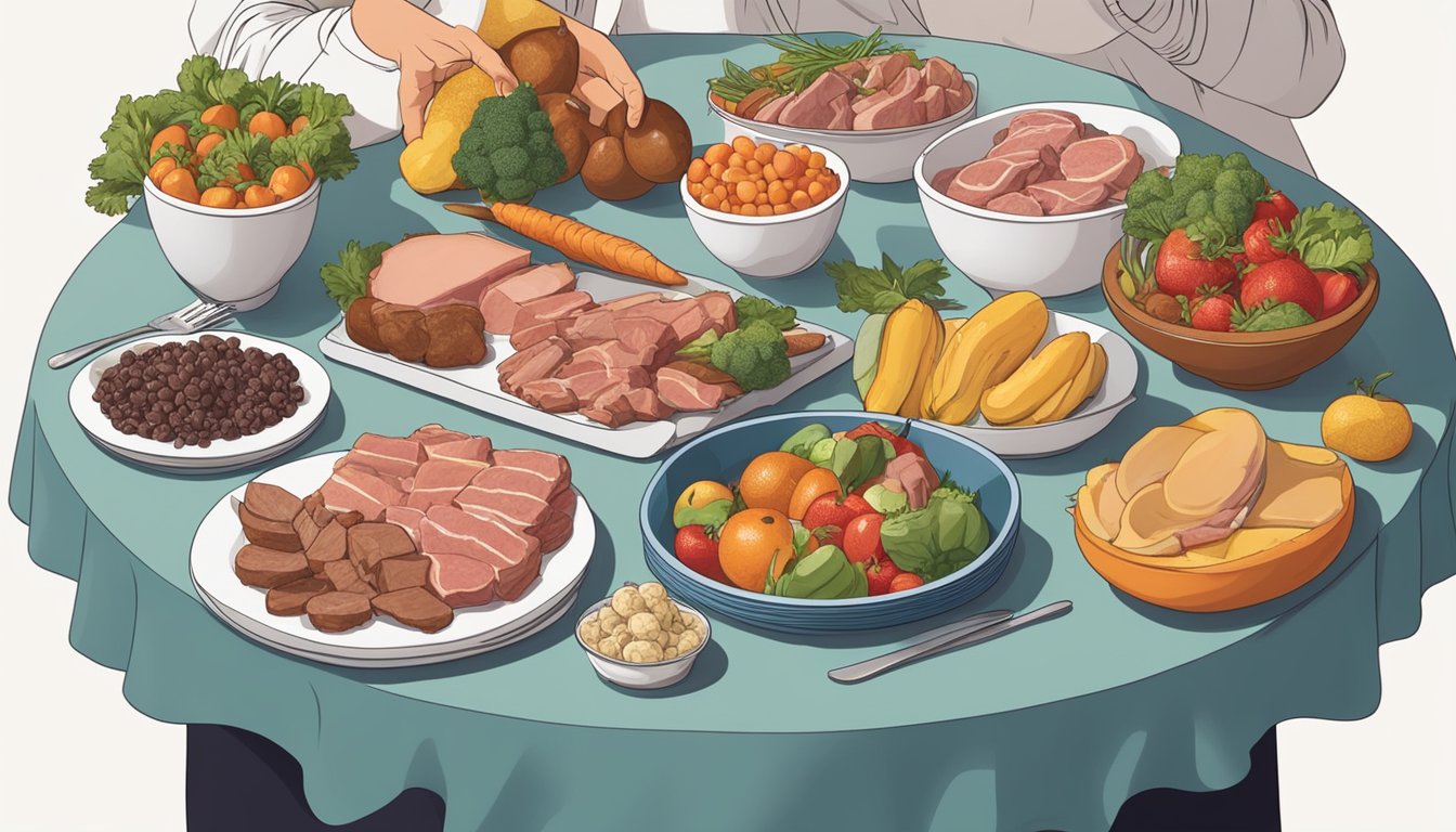 A table set with various meats and animal products, surrounded by empty vegetable and fruit bowls. A person clutching their stomach in discomfort