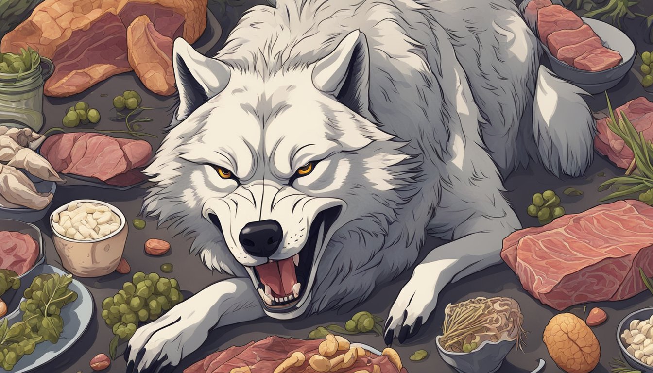 A wolf-like carnivore grimaces in pain, clutching its stomach while surrounded by bones and raw meat